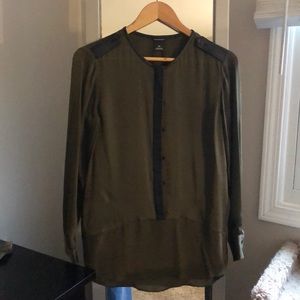 Sheer army green blouse with black leather trim.  Club Monaco size S/P silk